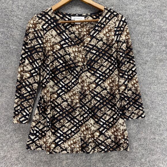 Liz Claiborne Blouse Women S Small Beige Geometric V-Neck Long Sleeve Pullover - Picture 1 of 8